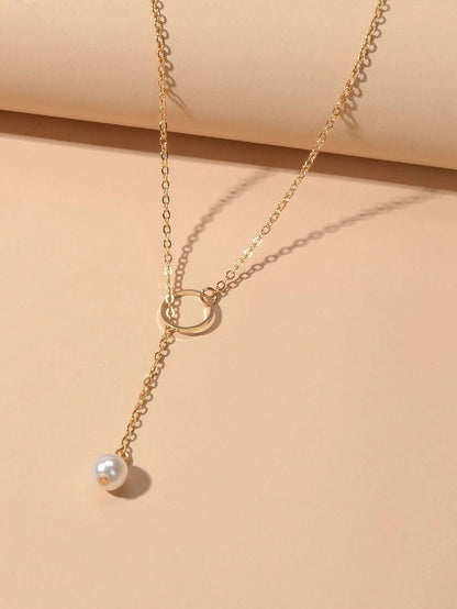 Fashion Gold Silver Chain Faux Pearl Decor Simple Lariat Necklace Women Jewelry-2