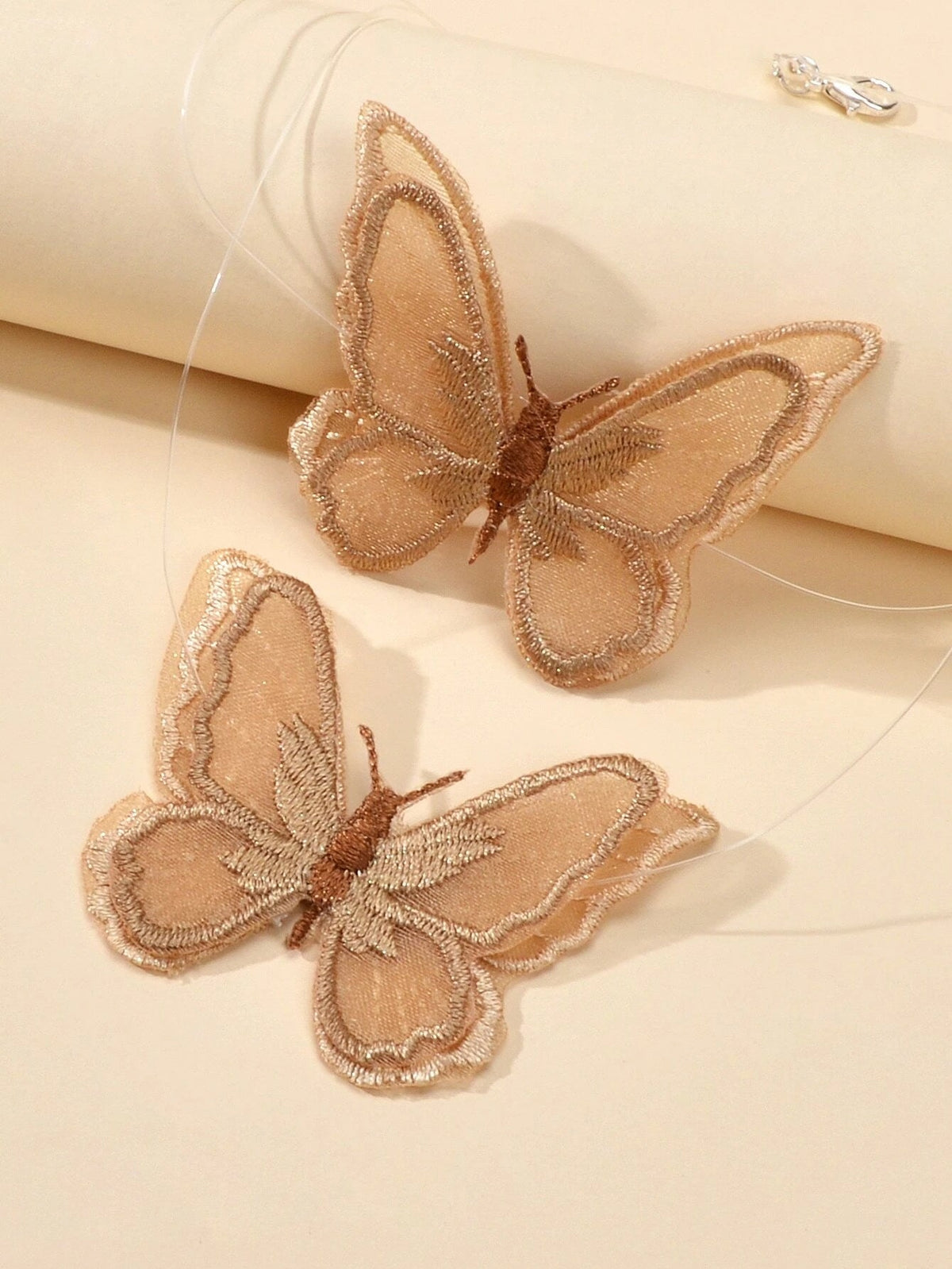 Fashion Jewellery Transparent Cord Brown Embroidery Butterfly Choker Necklace-2