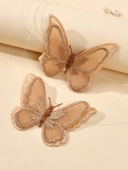 Fashion Jewellery Transparent Cord Brown Embroidery Butterfly Choker Necklace-2