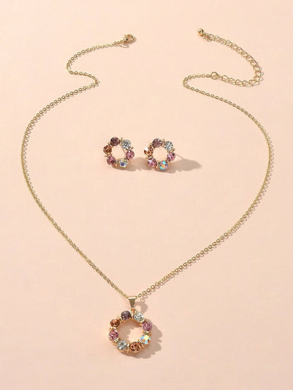 Colourful Rhinestone Flower Jewellry Set Round Charm Necklace Girl Stud Earrings-2