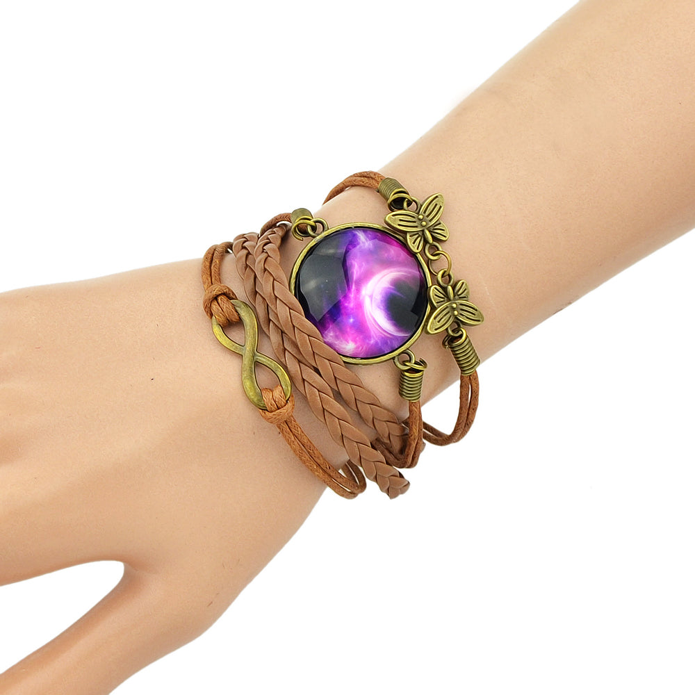 Brown Pu Leather Braided Multi-layer Chain Round Acrylic Wrap Bracelet Girl Gift-0