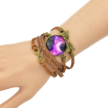 Brown Pu Leather Braided Multi-layer Chain Round Acrylic Wrap Bracelet Girl Gift-0