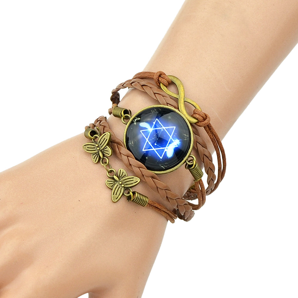 Brown Pu Leather Braided Multi-layer Chain Round Acrylic Wrap Bracelet Girl Gift-2