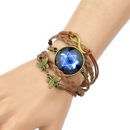 Brown Pu Leather Braided Multi-layer Chain Round Acrylic Wrap Bracelet Girl Gift-2
