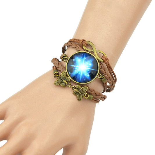 Brown Pu Leather Braided Multi-layer Chain Round Acrylic Wrap Bracelet Girl Gift-1