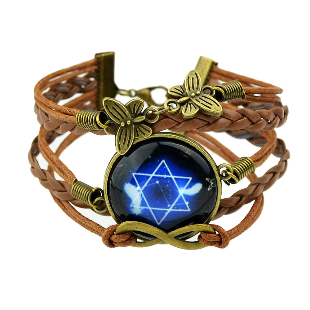 Brown Pu Leather Braided Multi-layer Chain Round Acrylic Wrap Bracelet Girl Gift-4