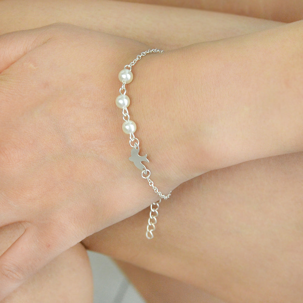 Silver Colour Chain Pearl Decor Bird Bracelet Girls Teens Minimalist Jewellery-4