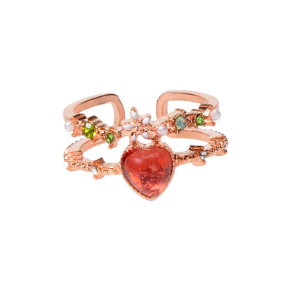 AU Post Luxury Faux Pearl Rhinestone Red Love Heart Rosegold Cuff Finger Ring-4