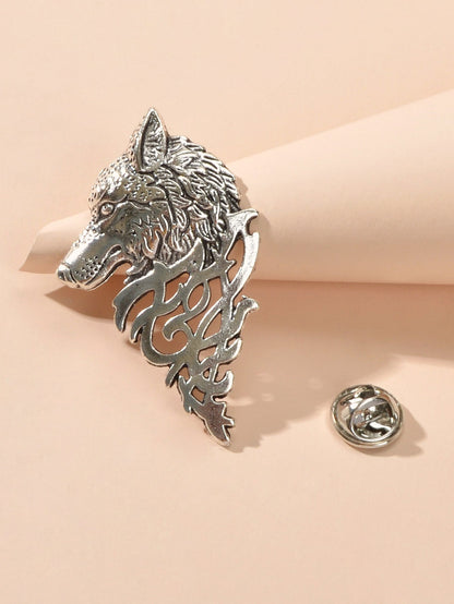 Vintage Punk Antique Silver Carved Wolf Head Pin Lapel Brooch Badge Accessories-3