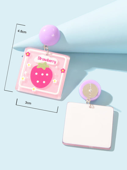 Sweet Acrylic Pink Strawberry Square Dangle Stud Earrings Y2k Style Accessories-3