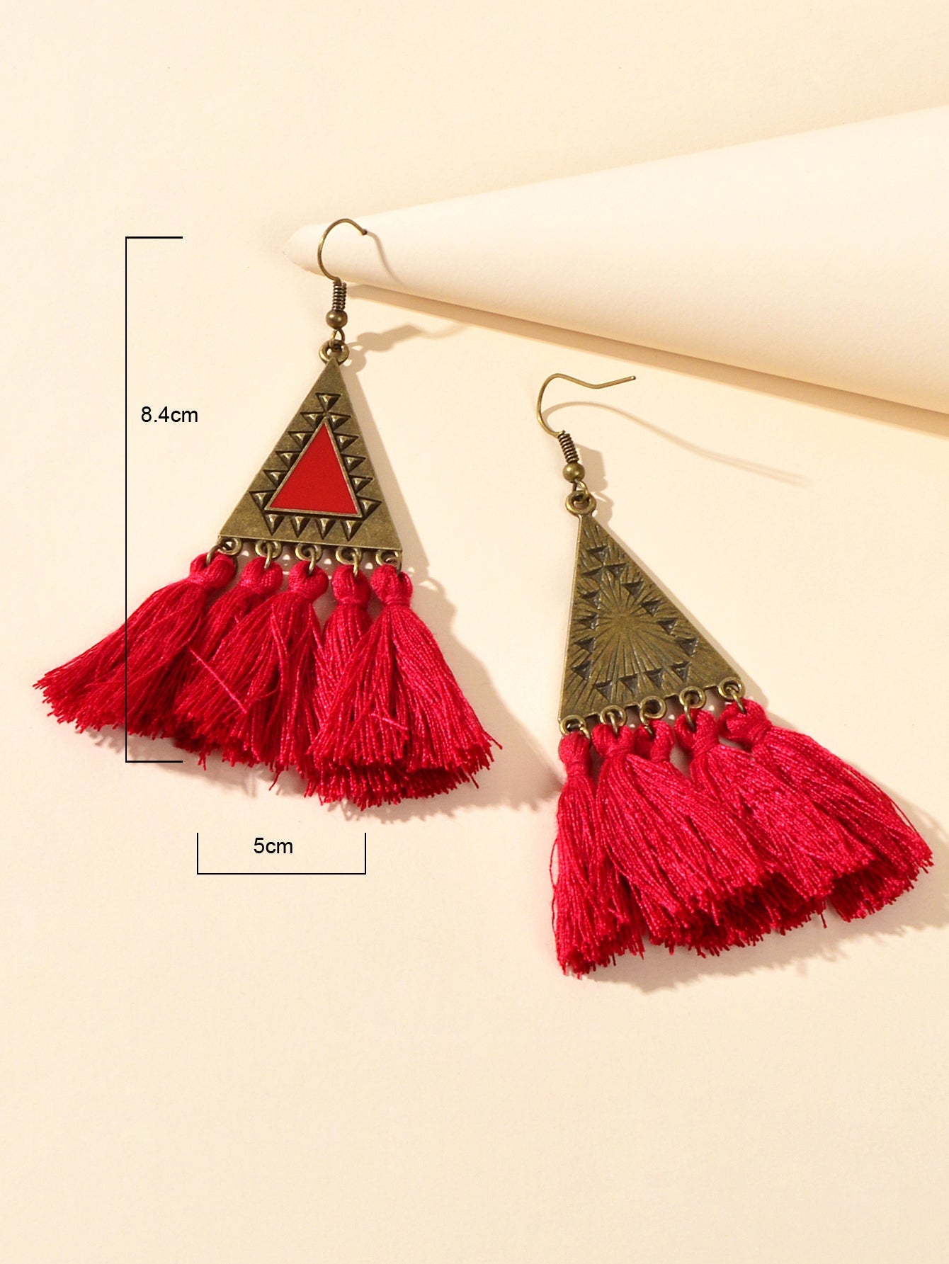 American Jewellery Ethnic Antique Gold Triangle Winered Tassel Bohemian Earrings-3