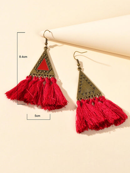 American Jewellery Ethnic Antique Gold Triangle Winered Tassel Bohemian Earrings-3