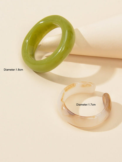 Stackable 2 pcs Beige Green Resin Chunky Multiple Bulk Pack Boho Chic Ring set-3