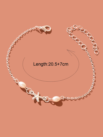 Silver Chain Pearl Beaded Starfish Charm Adjustable Anklet Women Jewellery Gifts-3