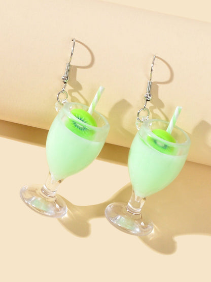 Creative Designer Jewellery Green Resin Fruit Kiwi Drink Chunky Hook Earrings-3