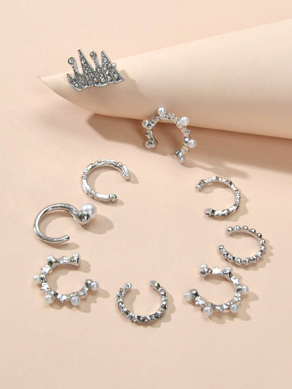 9pcs Silver Ear Cuffs Clip On Cuff Earrings Cartilage Helix Wrap Ear Jewelry Set-3