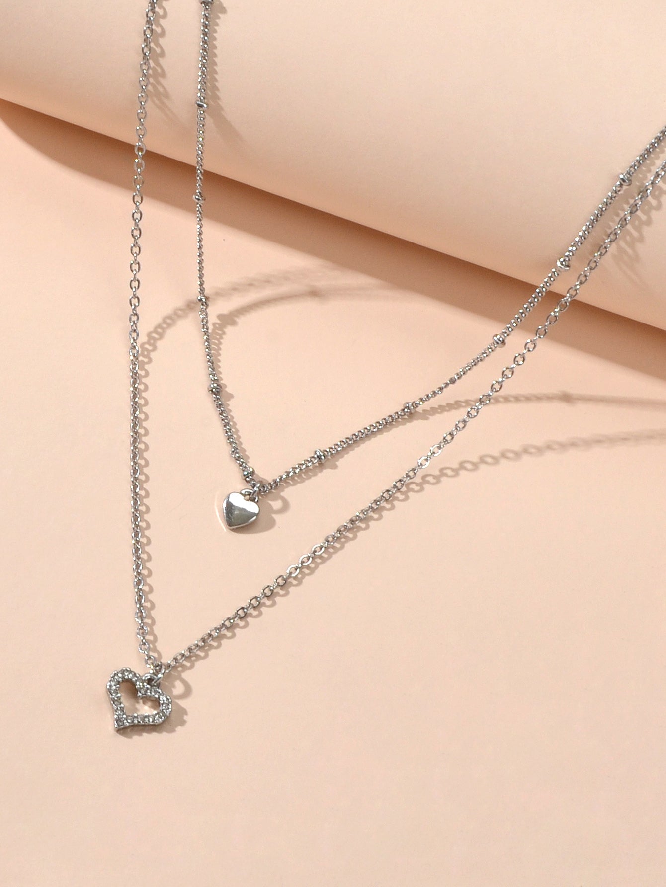 Trendy Jewelry Silver Double layer Chain Rhinestone Heart Pendant Women Necklace-3