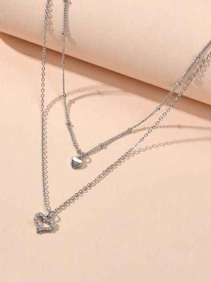 Trendy Jewelry Silver Double layer Chain Rhinestone Heart Pendant Women Necklace-3