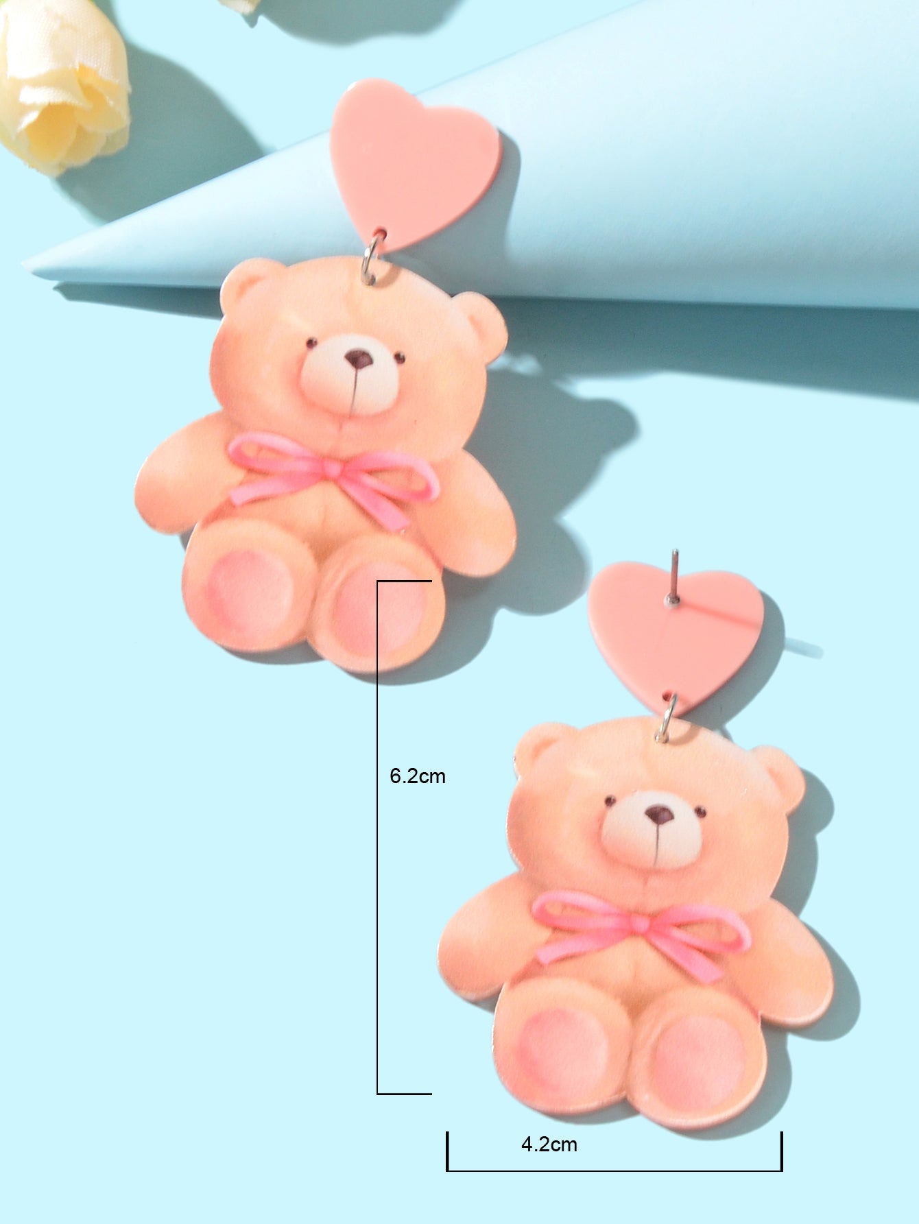 Super Sweet Pink Heart Bowknot Bear Acrylic Dangle Stud Earrings Birthday Gift-3