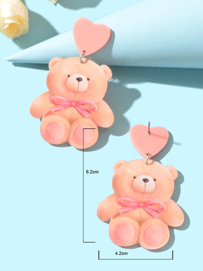 Super Sweet Pink Heart Bowknot Bear Acrylic Dangle Stud Earrings Birthday Gift-3