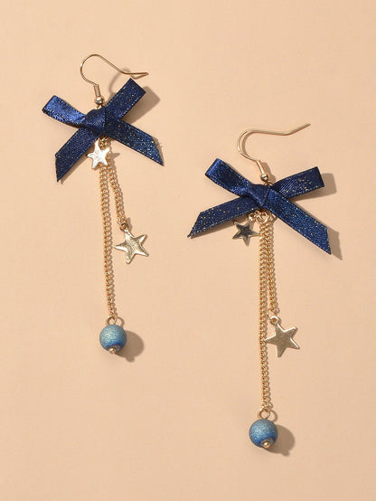 Sweet Design Blue Ribbon Bowknot Long Gold Chain Star Beads Pendant Earrings-3