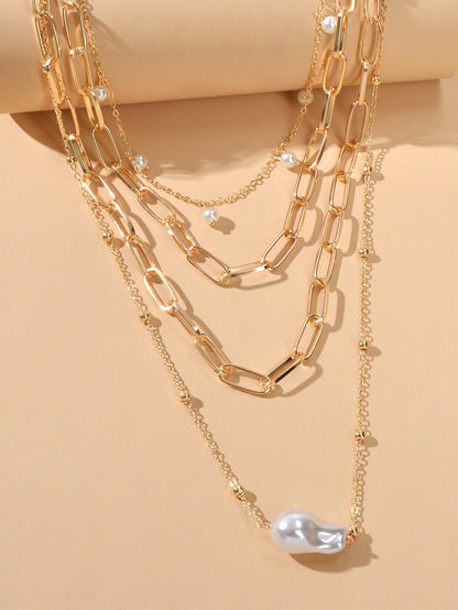 Statement Pearl Charm Multi-layer Gold Chunky Collar Necklace Party Decoration-3