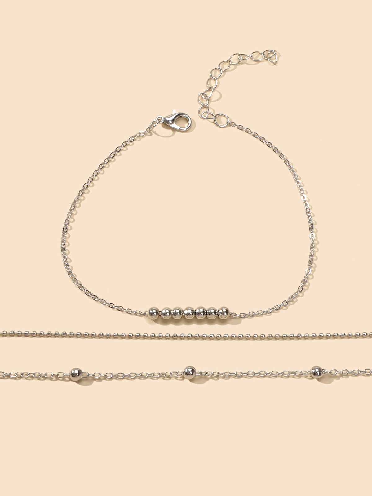 Barefoot Sandals Anklet Bracelet 3pcs Silver Chain Beads Adjustable Foot Jewelry-3