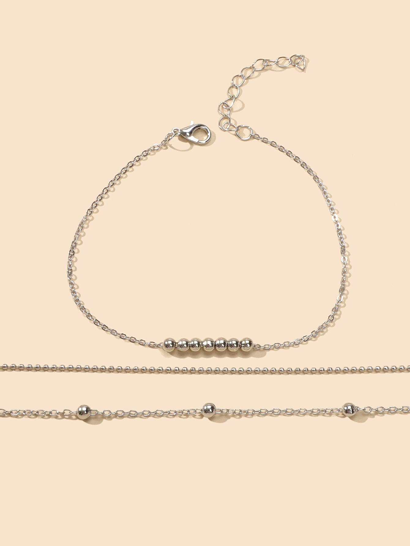 Barefoot Sandals Anklet Bracelet 3pcs Silver Chain Beads Adjustable Foot Jewelry-3
