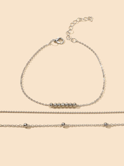 Barefoot Sandals Anklet Bracelet 3pcs Silver Chain Beads Adjustable Foot Jewelry-3