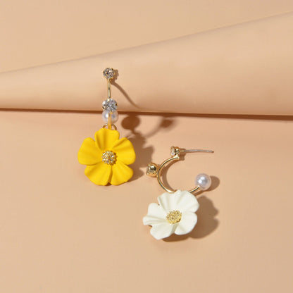 Ladies Jewellery Rhinestone Pearl Yellow Green Flower Asymmetric Dangle Earrings-2