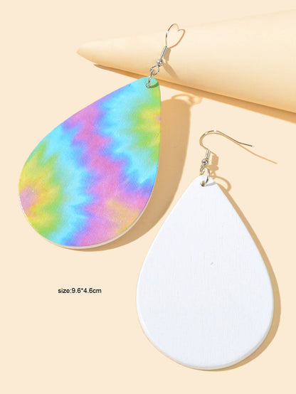 Bohemian Ethnic Style Geometric Pattern Wood Water Drop Dangle Holiday Earrings-3