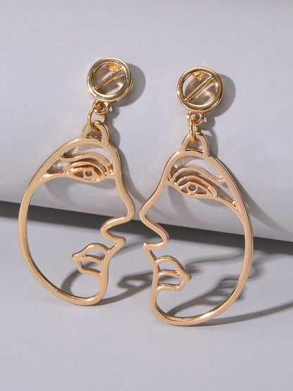 Gold Double Layered Chain Necklace Set with Face Profile Pendant Earrings Gift-4