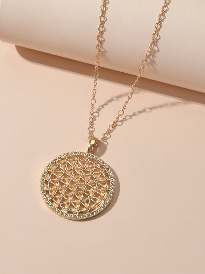 Good Quality Jewellery Gold Chain Rhinestone Decor Hollow Round Pendant Necklace-3