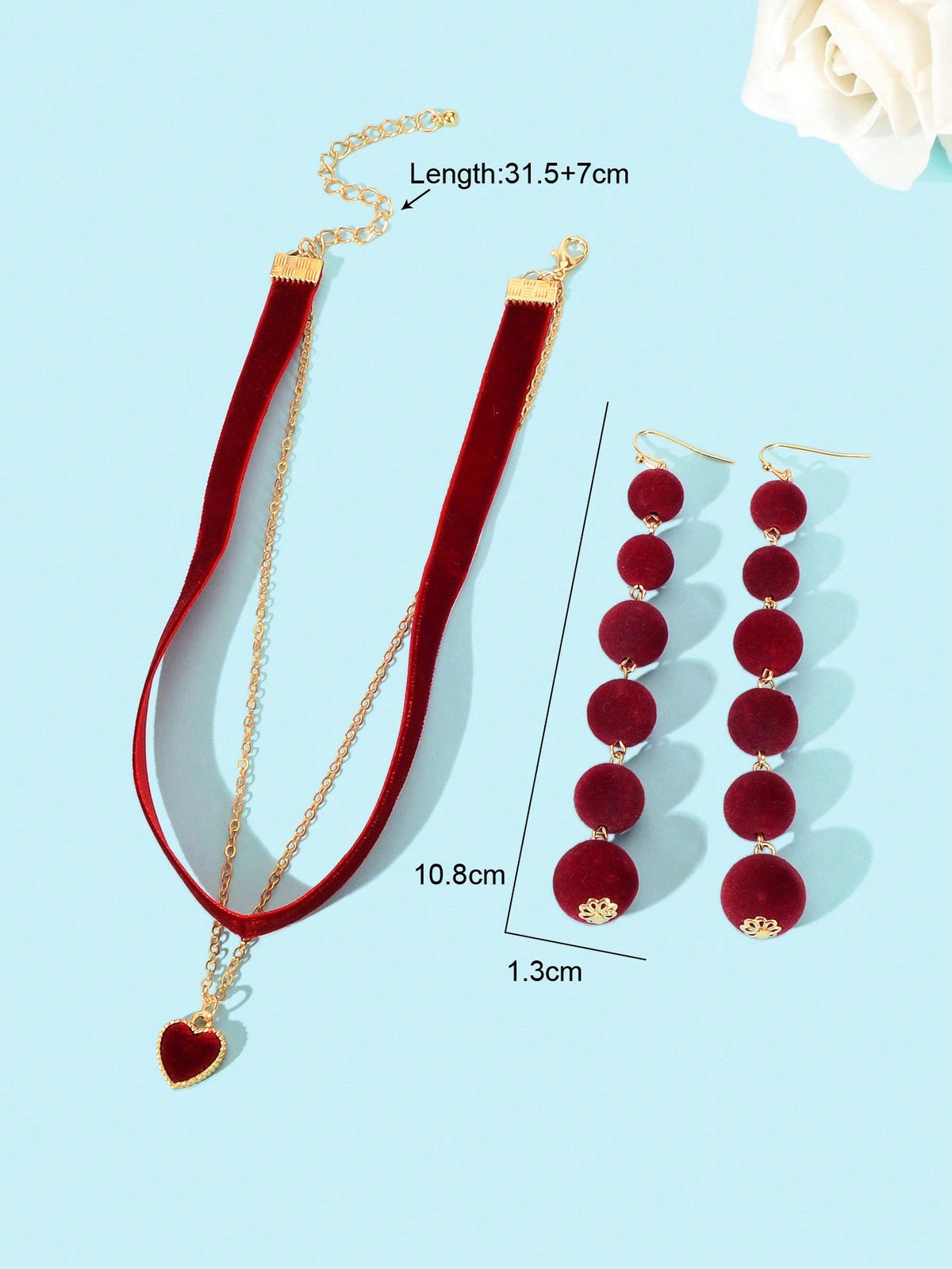 Burgundy Sphere Balls Pendant Earrings Double Layer Winered Heart Necklace Set-4