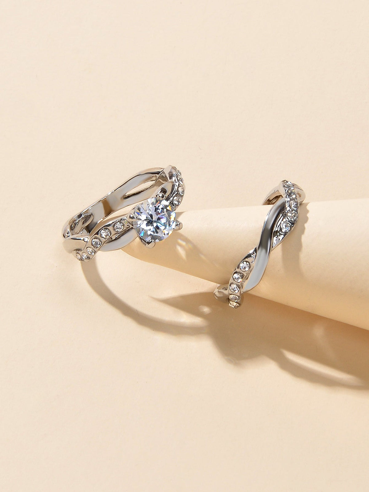 2pcs Luxury Women Band Simulated Diamond Silver Finger Wedding Engagement Ring-3