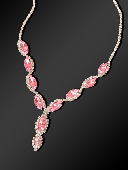 Luxurious Wedding Jewellery Set Pink Crystal Water Drop Necklace Dangle Earrings-3