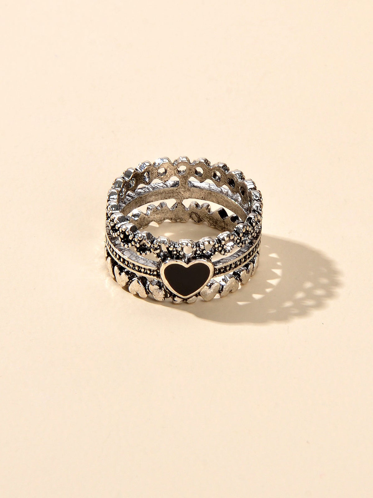 Vintage Antique Silver Black Enamel Love Heart Oxidized Intricate Stackable Ring-3