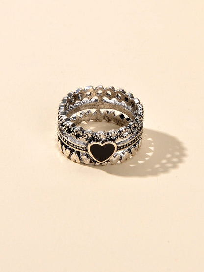 Vintage Antique Silver Black Enamel Love Heart Oxidized Intricate Stackable Ring-3