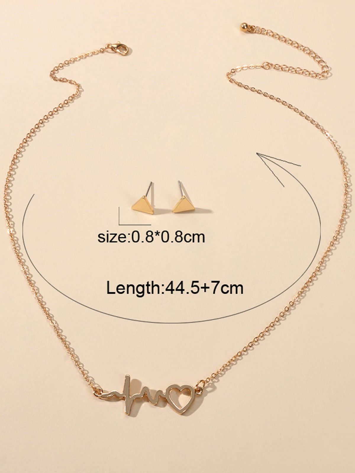 Minimalist Jewellery set Gold Chain Heartbeat Necklace and Triangle Earrings-3