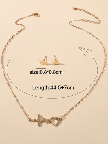 Minimalist Jewellery set Gold Chain Heartbeat Necklace and Triangle Earrings-3