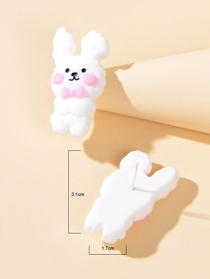 Pink Bow Tie White Rabbit Lovely Easter Bunny Stud Earrings Hare Party Jewellery-3