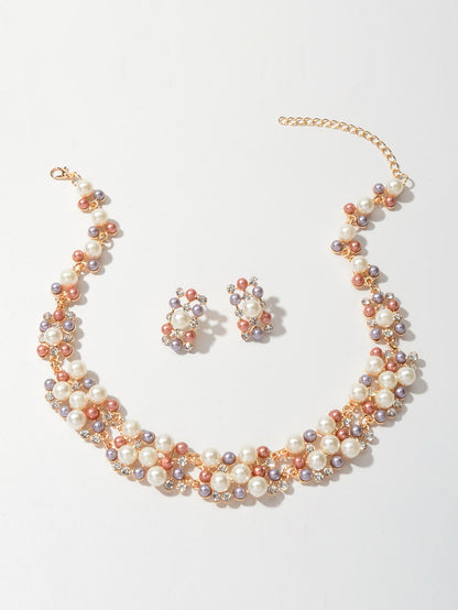 Rhinestone Pearl Collar Necklace Stud Earrings Luxurious Engagement Jewelry Set-3