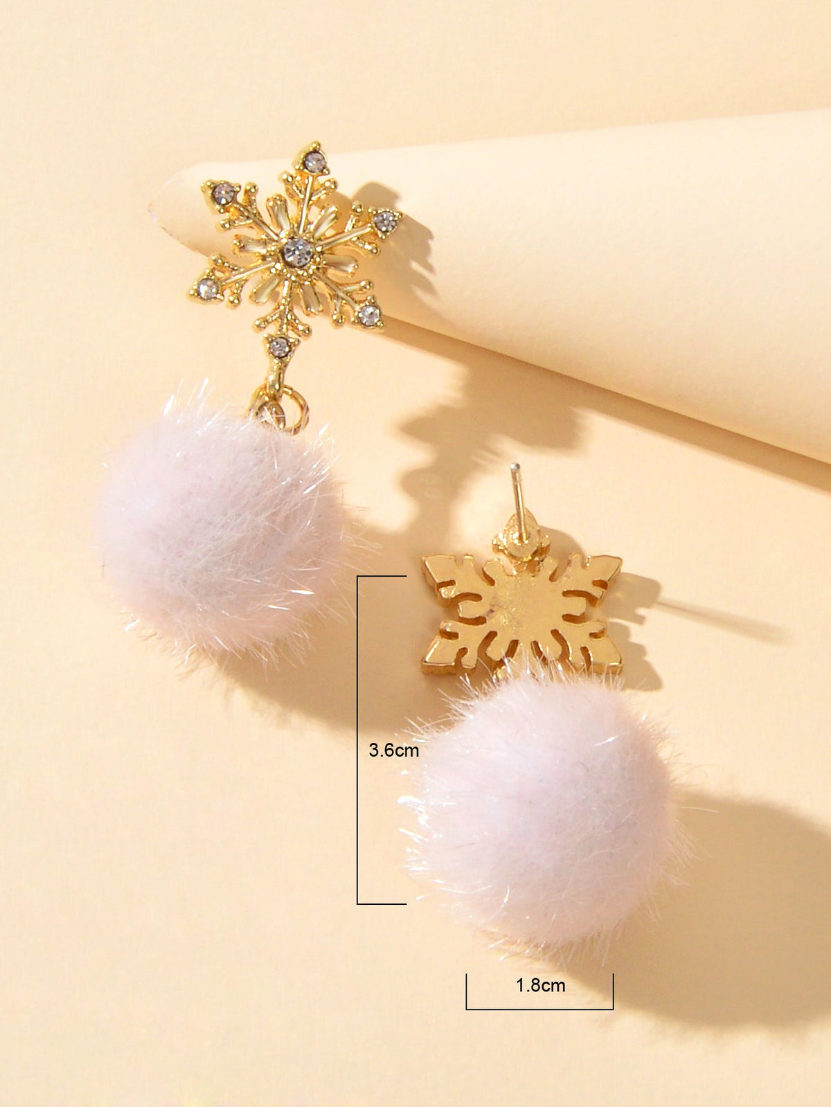 Gold Snowflake Pom Pom Dangle Earrings Round Faux Fur Ball Christmas Earrings-3