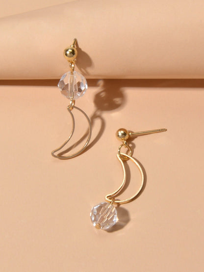 Minimalist Gold Metal Moon Star Transparent Beads Asymmetric Pierced Earrings-3
