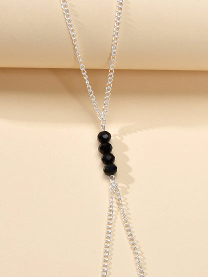 1pc Foot Beach Silver Chain Black Beads Anklet with Finger Ring Slave Bracelet-3