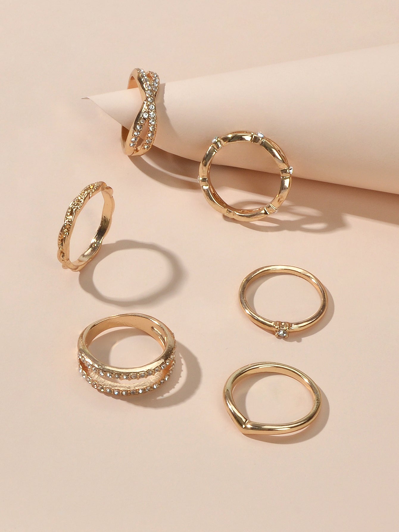 6pcs Band Women Gold Metal with Rhinestone Multiple Midi Finger Knuckle Ring set-3