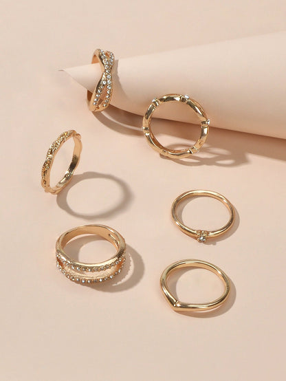 6pcs Band Women Gold Metal with Rhinestone Multiple Midi Finger Knuckle Ring set-3
