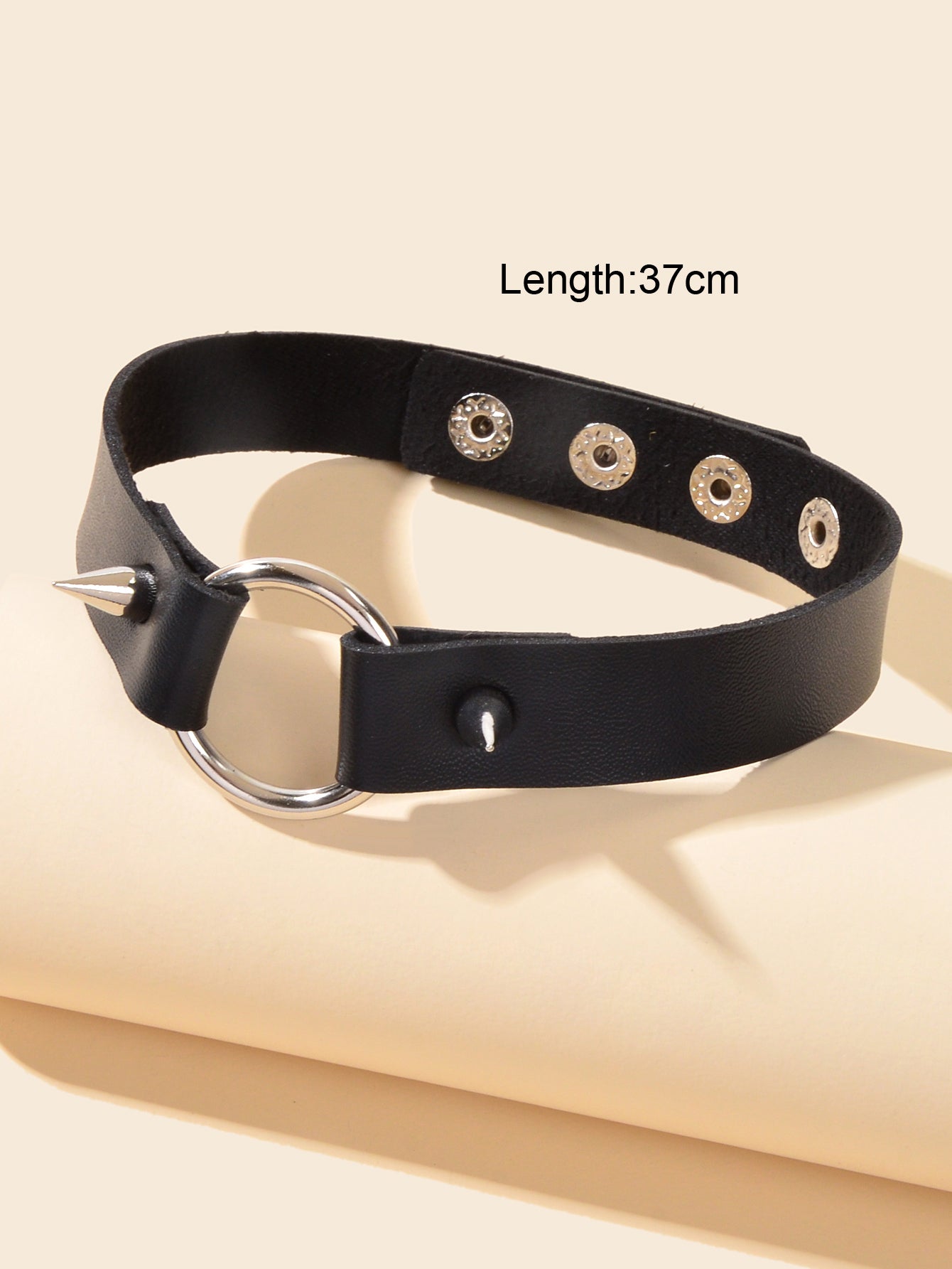 Gothic Punk Grunge Rock Black PU Leather Spike Circle Choker Adjustable Necklace-3