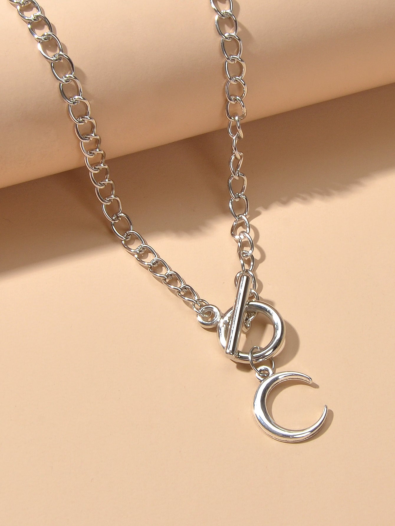 Punk Silver Chain Circle Bar Moon Pendant Necklace Party Decoration for Women-3