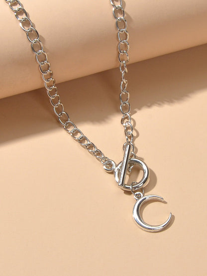 Punk Silver Chain Circle Bar Moon Pendant Necklace Party Decoration for Women-3